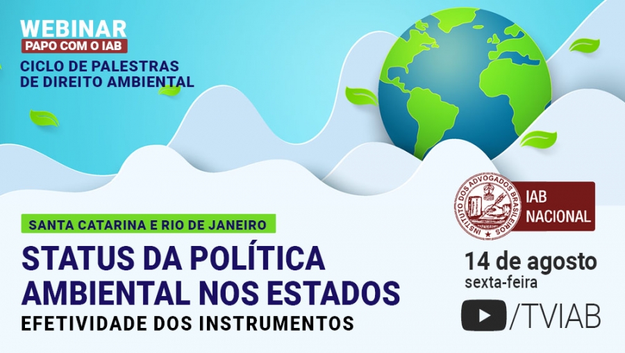 Descrição da imagem: na parte superior, sobre um fundo azul claro, temos a imagem do planeta Terra entre nuvens, à direita, e a informação sobre o ciclo de palestras em letras azuis, à esquerda. Na parte de baixo da imagem, à direita, está a logo do IAB nas cores vermelho e branco; e à esquerda consta o título do evento em letras azuis e pretas.